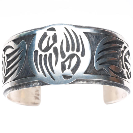 7.2" Bradley Gashwazra Hopi overlay bear paw sterling silver cuff bracelet