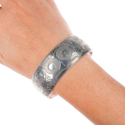 7.2" Ria Northwest coast sterling silver hand carved/etched cuff bracelet