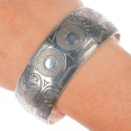 7.2" Ria Northwest coast sterling silver hand carved/etched cuff bracelet