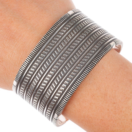 6.4" Pat Bedoni Navajo deep stamped/chiseled heavy sterling silver cuff bracelet