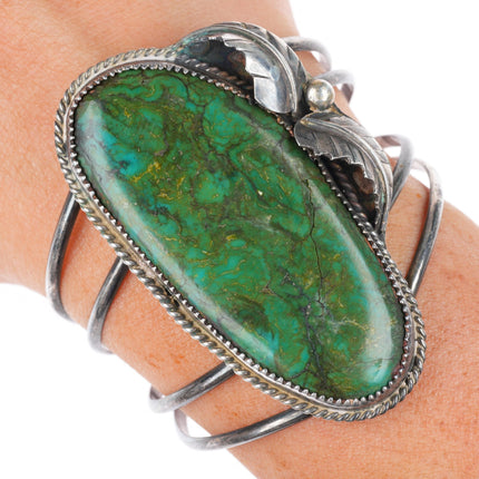 6.2" vintage Navajo sterling silver large green turquoise cuff bracelet