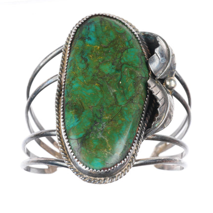 6.2" vintage Navajo sterling silver large green turquoise cuff bracelet