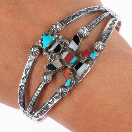 6.75" vintage Navajo sterling silver deep stamped inlaid knifewing cuff bracelet