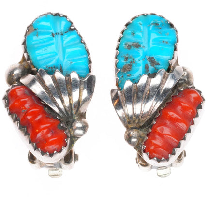 Loyolita Tsatte Zuni sterling silver carved turquoise/coral clip-on earrings