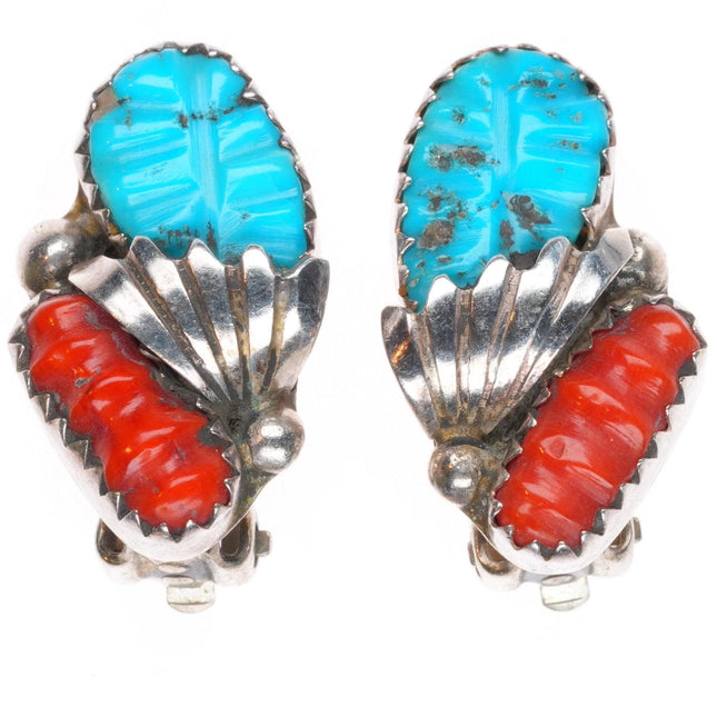 Loyolita Tsatte Zuni sterling silver carved turquoise/coral clip-on earrings