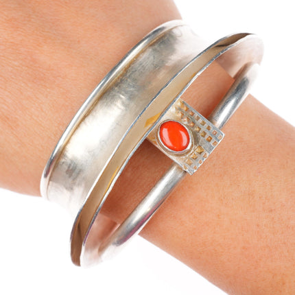 6.4" Cheyenne Harris Navajo 24k gold-Sterling silver-coral cuff bracelet