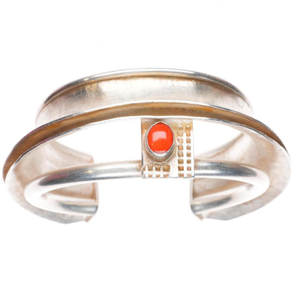 6.4" Cheyenne Harris Navajo 24k gold-Sterling silver-coral cuff bracelet