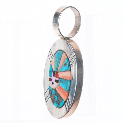 Ric Laselute Zuni sterling silver Morenci Turquoise orange coral sunface pendant