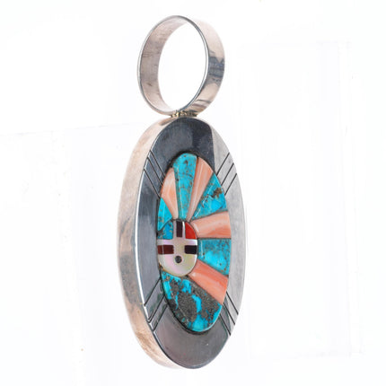 Ric Laselute Zuni sterling silver Morenci Turquoise orange coral sunface pendant