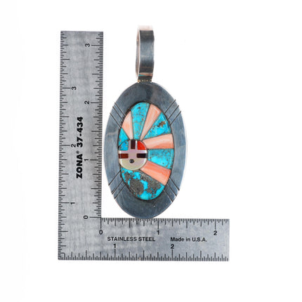 Ric Laselute Zuni sterling silver Morenci Turquoise orange coral sunface pendant