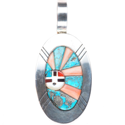 Ric Laselute Zuni sterling silver Morenci Turquoise orange coral sunface pendant