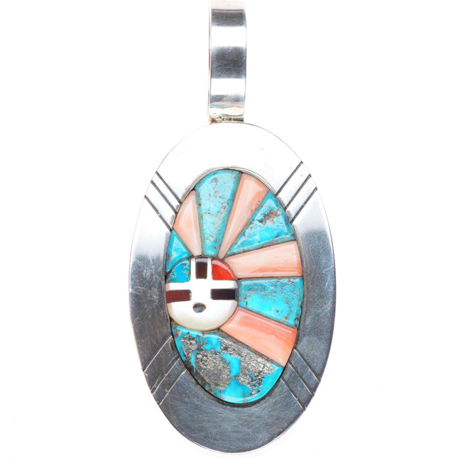 Ric Laselute Zuni sterling silver Morenci Turquoise orange coral sunface pendant