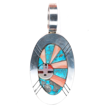 Ric Laselute Zuni sterling silver Morenci Turquoise orange coral sunface pendant