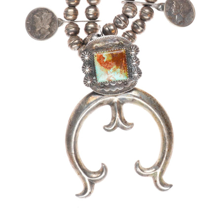 Jim Redfeather Navajo silver dime turquoise squash blossom necklace sterling