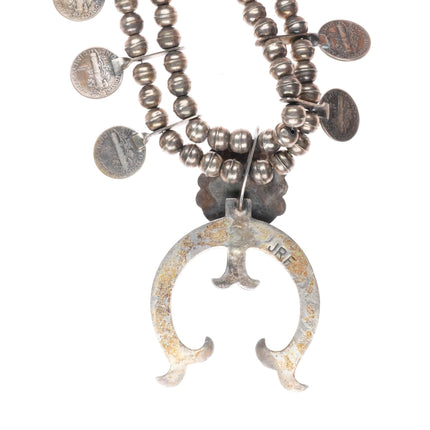 Jim Redfeather Navajo silver dime turquoise squash blossom necklace sterling