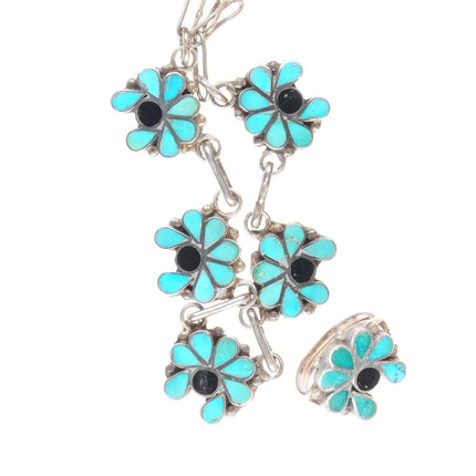 sz5.25 vintage Zuni sterling silver turquoise inlay ring and necklace