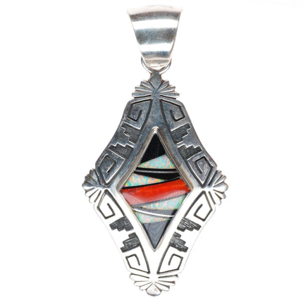Cecil Ashley Navajo sterling silver opal, coral, onyx inlaid pendant