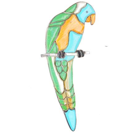 Reynetsa Leland Zuni sterling silver stone inlay parrot pendant pin/brooch