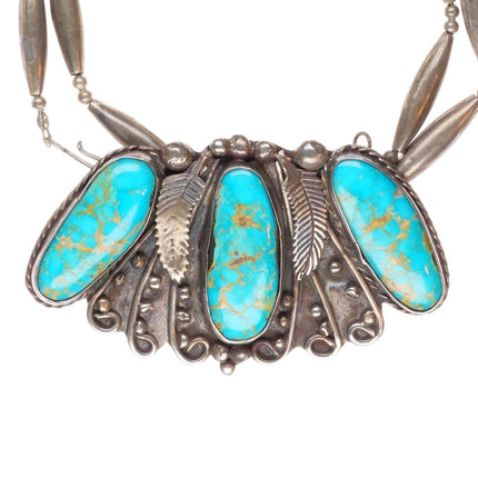20" vintage Navajo sterling silver waterweb turquoise bib necklace