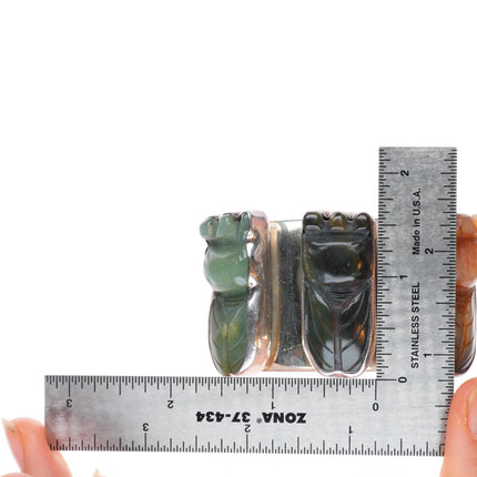6.4" Rebecca Collins sterling silver carved Cicada hardstone/jade cuff bracelet