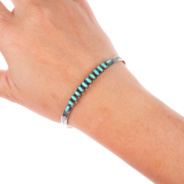 6.75" vintage Zuni sterling silver stamped needlepoint turquoise cuff bracelet