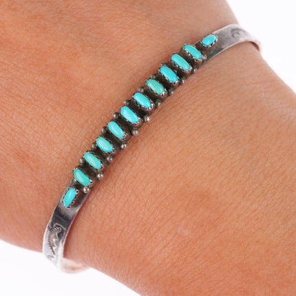 6.75" vintage Zuni sterling silver stamped needlepoint turquoise cuff bracelet