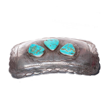 Huge 1940's-50's Navajo turquoise stamped sterling silver buckle for 2" belt