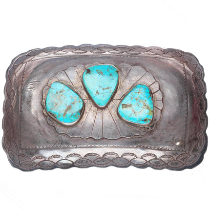 Huge 1940's-50's Navajo turquoise stamped sterling silver buckle for 2" belt