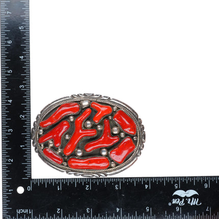 Large Robert & Bernice Leekya Zuni coral sterling silver buckle for 1.5" belt