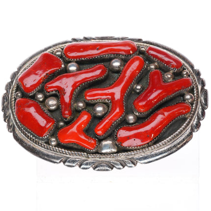 Large Robert & Bernice Leekya Zuni coral sterling silver buckle for 1.5" belt