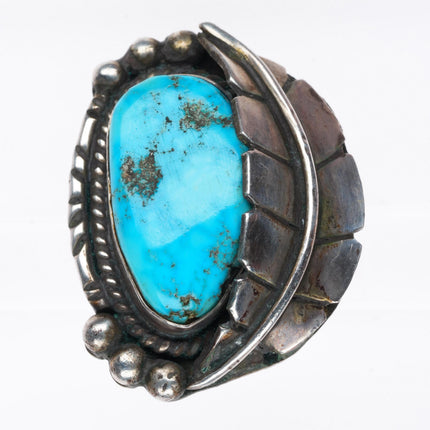 sz8  big vintage Navajo sterling silver feather ring with turquoise