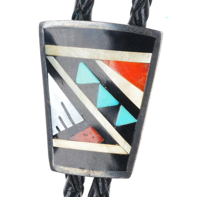 Vintage Zuni intarsia inlay turquoise and coral sterling silver bolo tie