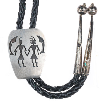 Vintage Navajo Kachina dancers sterling silver bolo tie overlay style
