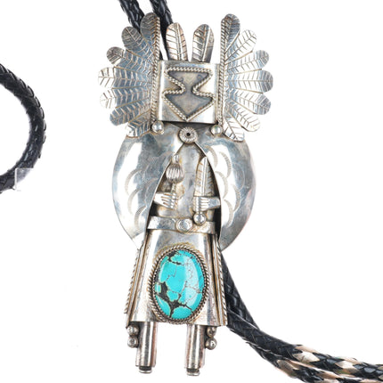 Huge vintage Navajo sterling silver Kachina bolo tie with turquoise