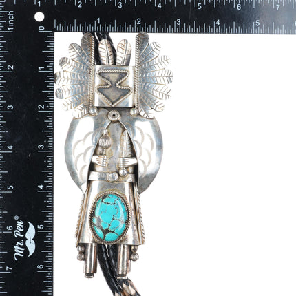 Huge vintage Navajo sterling silver Kachina bolo tie with turquoise