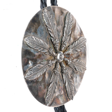 Big vintage Native American sterling silver feather design bolo tie