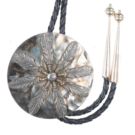 Big vintage Native American sterling silver feather design bolo tie