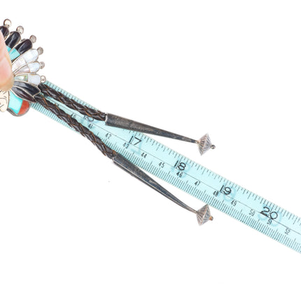 Vintage Zuni sterling silver Indian Chief turquoise/stone/shell inlay bolo tie