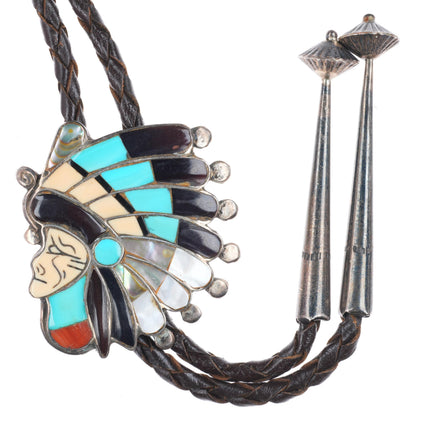 Vintage Zuni sterling silver Indian Chief turquoise/stone/shell inlay bolo tie