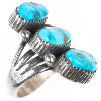 sz7 vintage Navajo High grade American turquoise sterling silver 3 stone ring