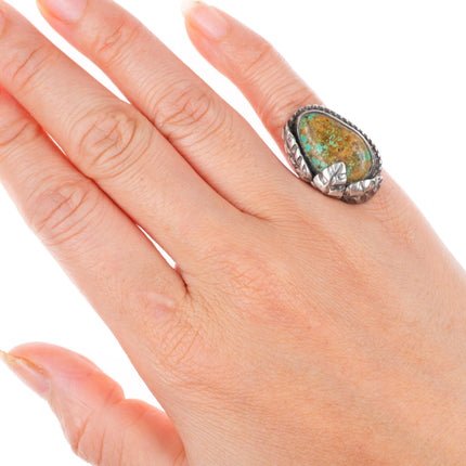 sz4.5 vintage Navajo sterling silver feather ring with nice turquoise