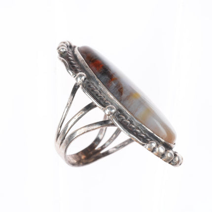 sz7 large c1940's Navajo petrified wood stamped sterling silver ring