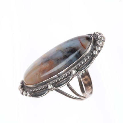 sz7 large c1940's Navajo petrified wood stamped sterling silver ring