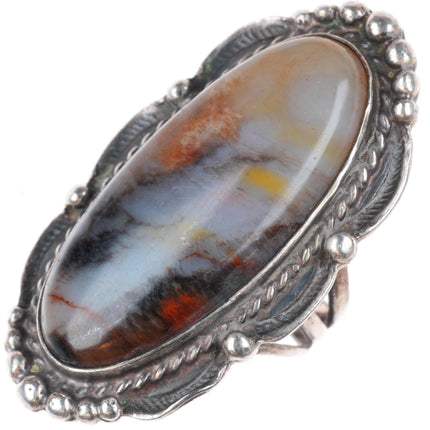 sz7 large c1940's Navajo petrified wood stamped sterling silver ring