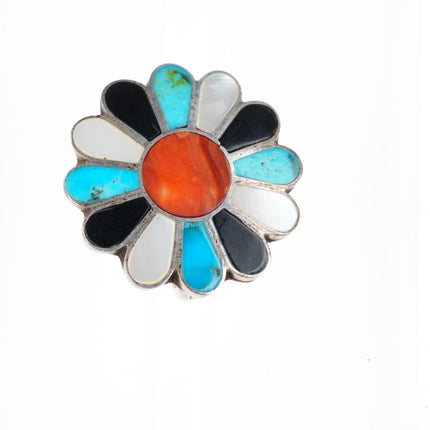 sz8 vintage Zuni sterling silver turquoise/shell/jet sun/flower inlay ring