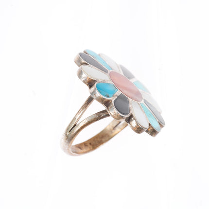 sz8 vintage Zuni sterling silver turquoise/shell/jet sun/flower inlay ring