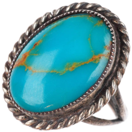 sz7 vintage Navajo Blue Gem Turquoise sterling silver rope edge ring