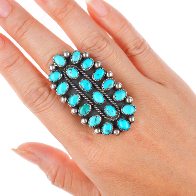 sz11 large vintage RBJ Zuni sterling silver turquoise cluster ring