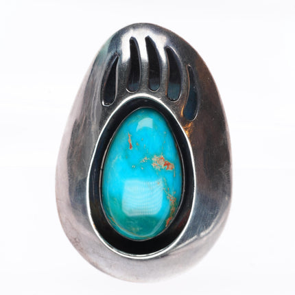 sz8.25 Vintage LC Navajo Blue Gem Turquoise large sterling silver bear paw ring