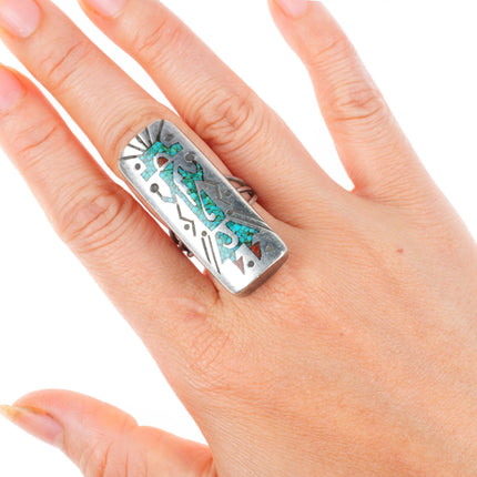 sz8 vintage Navajo sterling silver Kachina chip inlay turquoise ring
